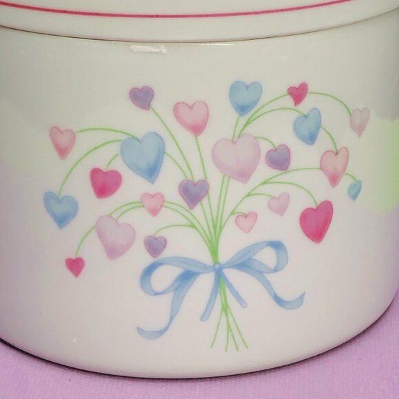 80s FTDA Pastel Heart Blue Ribbon Bouquet Porcelain Canister Vintage Candy Jar - Picture 3 of 10
